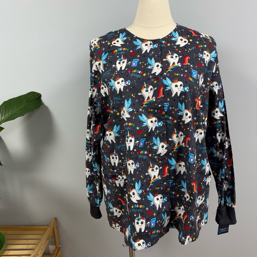 NWT Cherokee Scrub Jacket 3X Rainbow Toothicorn On Gray Scrubs Dental Hygienist